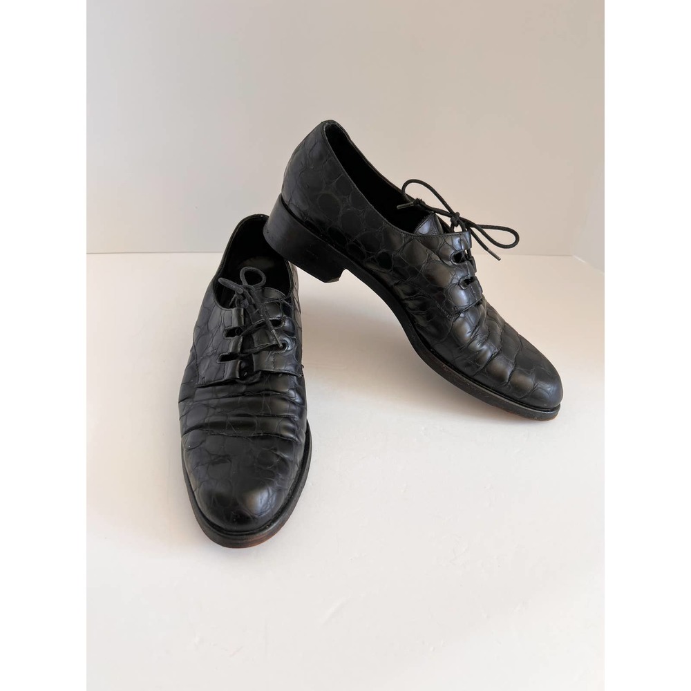 COLE HAAN Women's Black Vtg Croc Embossed Leather Pointed Toe Oxford sz 7.5AA